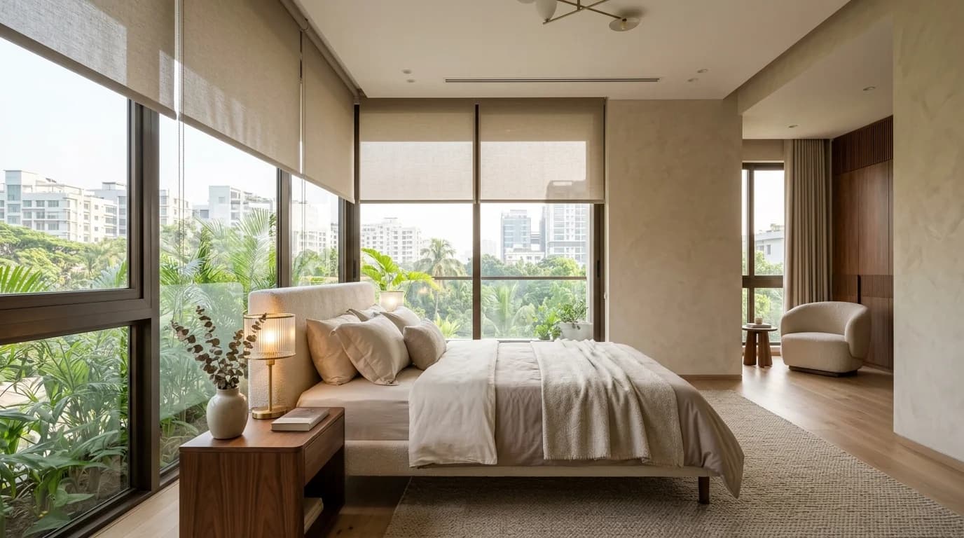 Window blinds installed in a furnished bedroom