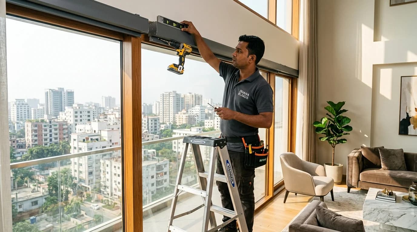 Hello Sun technician installing a custom window blind