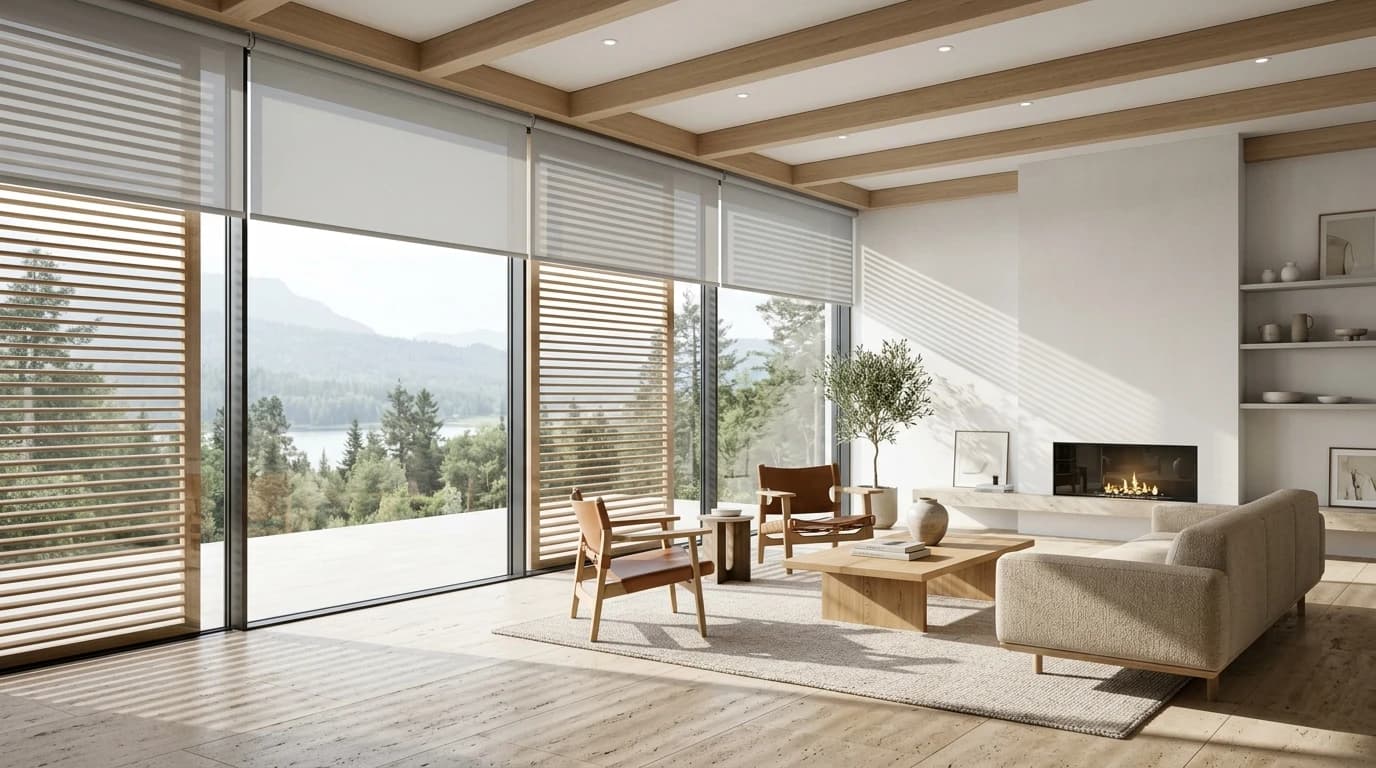 Custom window blinds fitted in a contemporary living room