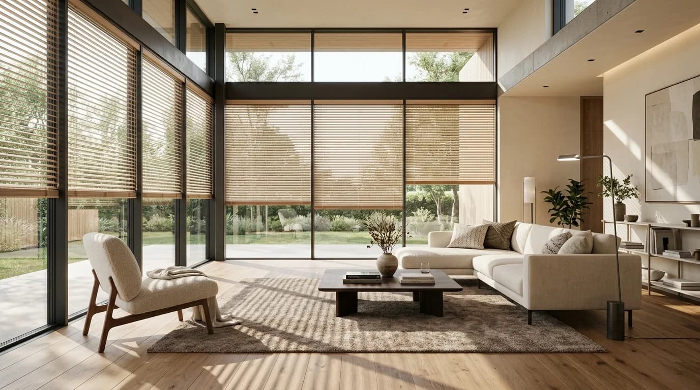 Window blinds filtering daylight in a modern living space