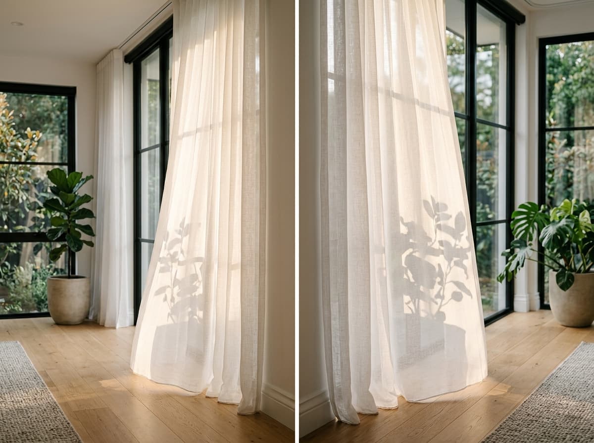 Sheer curtains filtering warm morning daylight through a window