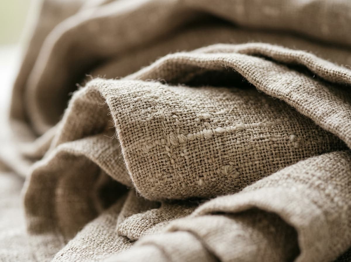 Close-up macro texture of folded linen and woven curtain fabrics