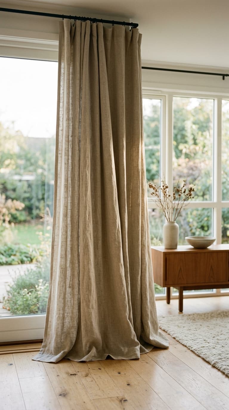 Tactile close-up of premium linen curtain fabric