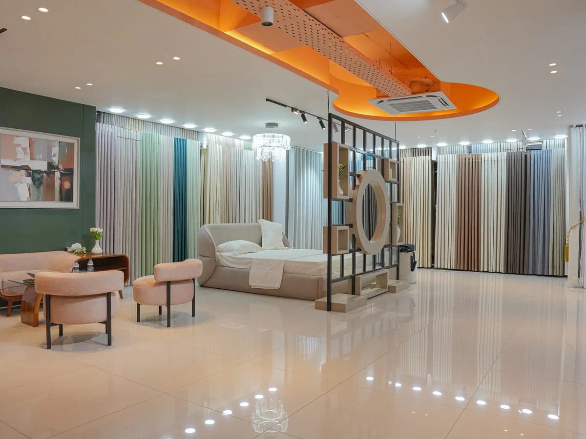 Textured curtain fabric and ripple fold wave detail on modern architectural track
