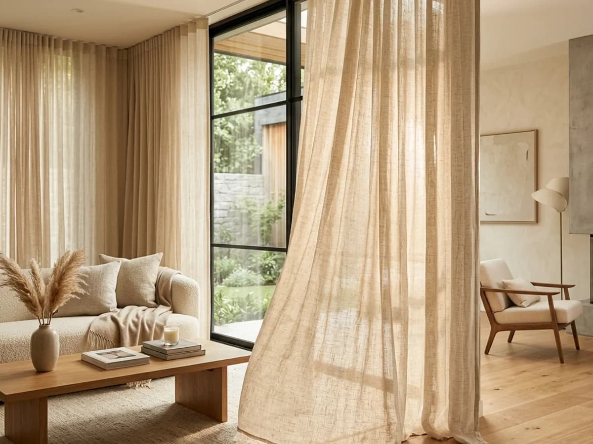 Full-height custom curtains tailored for living room proportions in a Dhaka residence