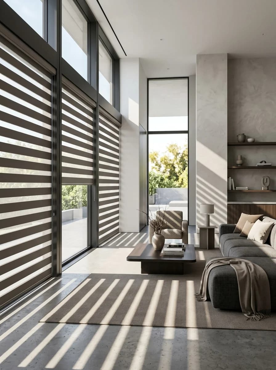 Zebra blind with alternating sheer and opaque bands