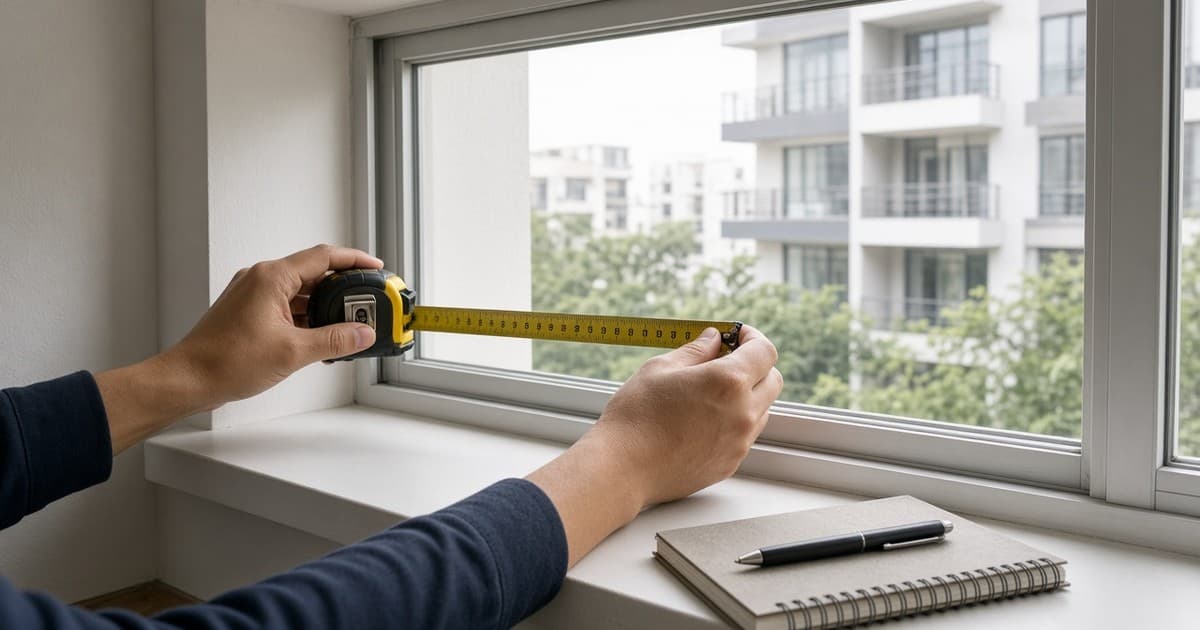 Two hands stretch a yellow steel tape measure across a white: framed apartment window, with a spiral notebook and pen on the sill and balconied apartment blocks and trees outside.