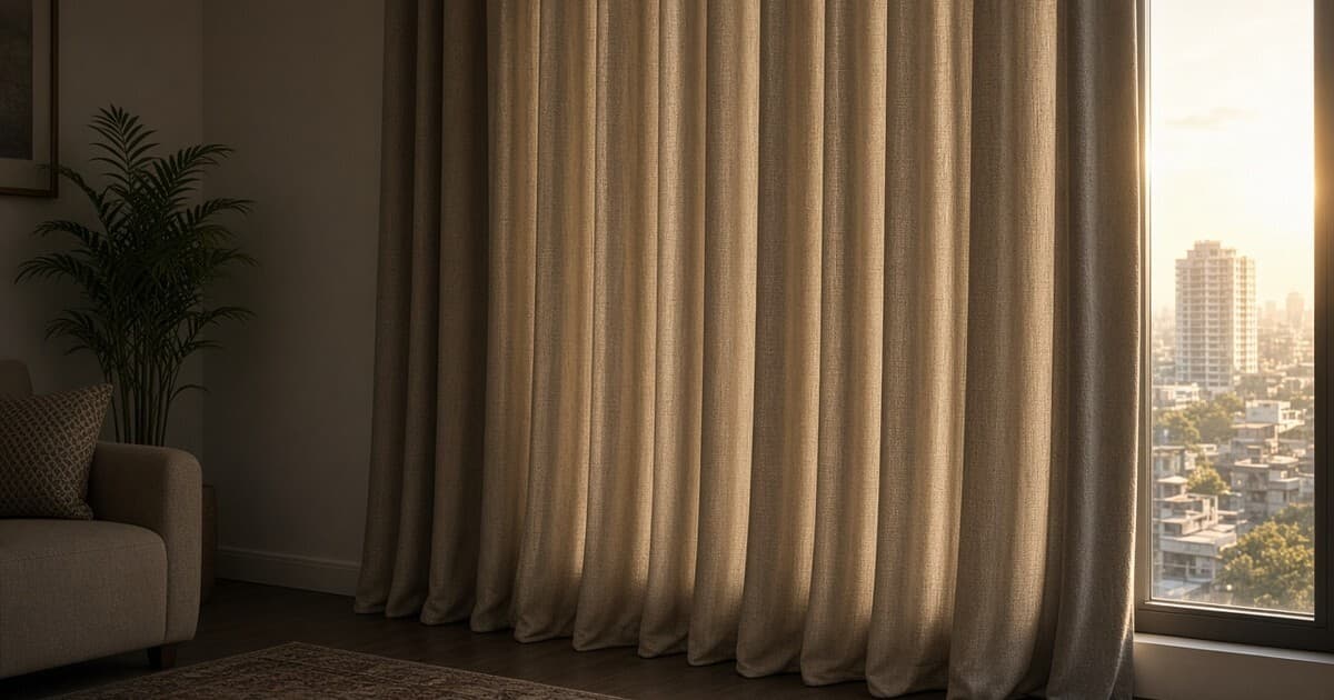 Floor: length beige thermal curtains drawn across a tall window in a dim living room, with low golden sun glowing at the edge and a high: rise and city blocks visible through the glass.