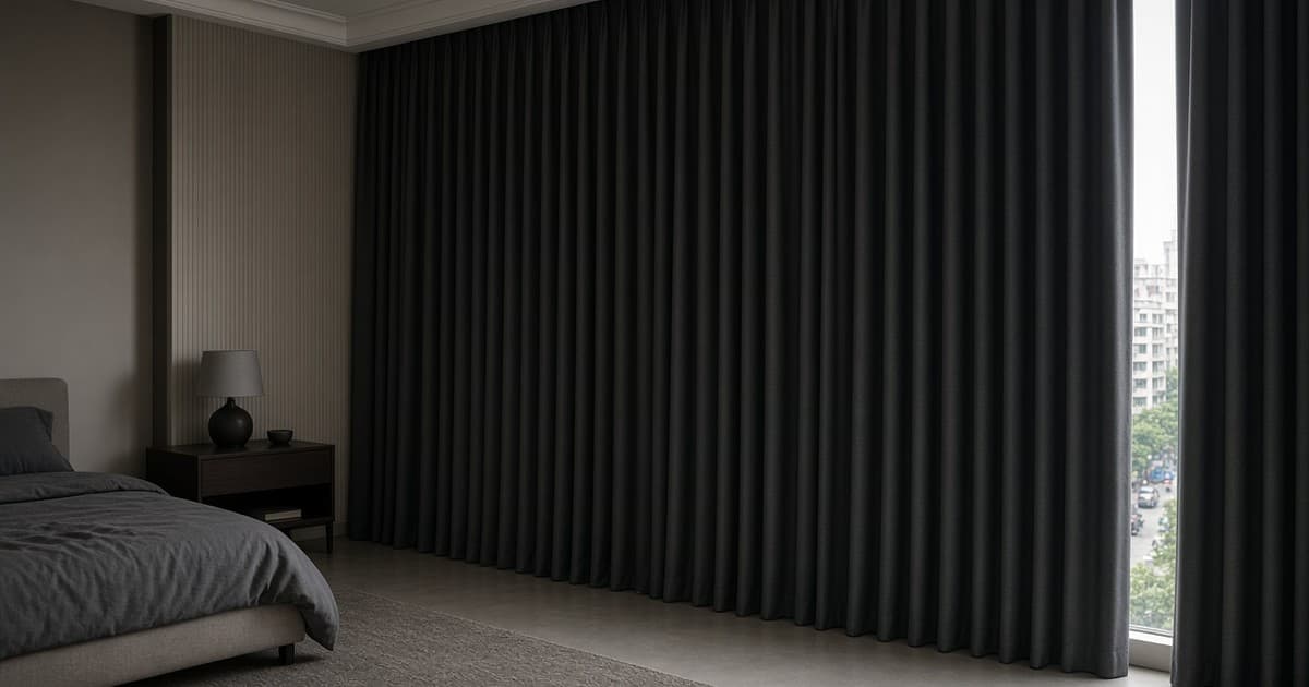 Heavy charcoal curtains drawn floor to ceiling along a dim bedroom wall, with a narrow window gap showing apartment towers, trees and cars on the street below.