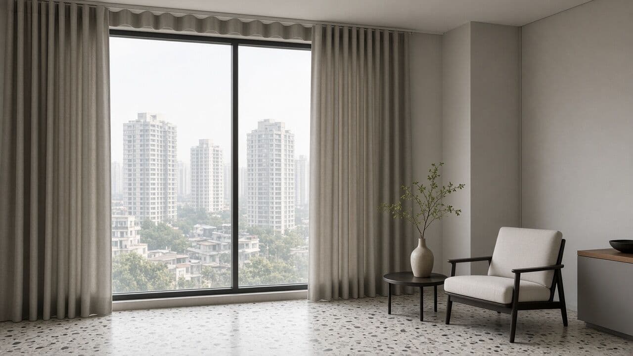 Sheer and blackout curtains on one double track in a Dhaka apartment