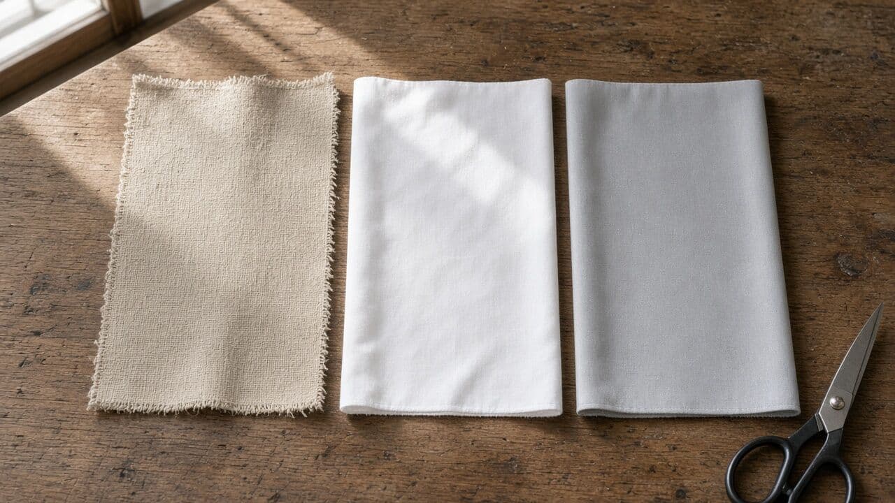 Linen, cotton and polyester curtain swatches laid side by side on a worktable in window light