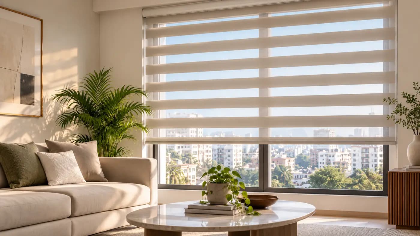 Zebra blinds filtering daylight in a modern Dhaka apartment living room