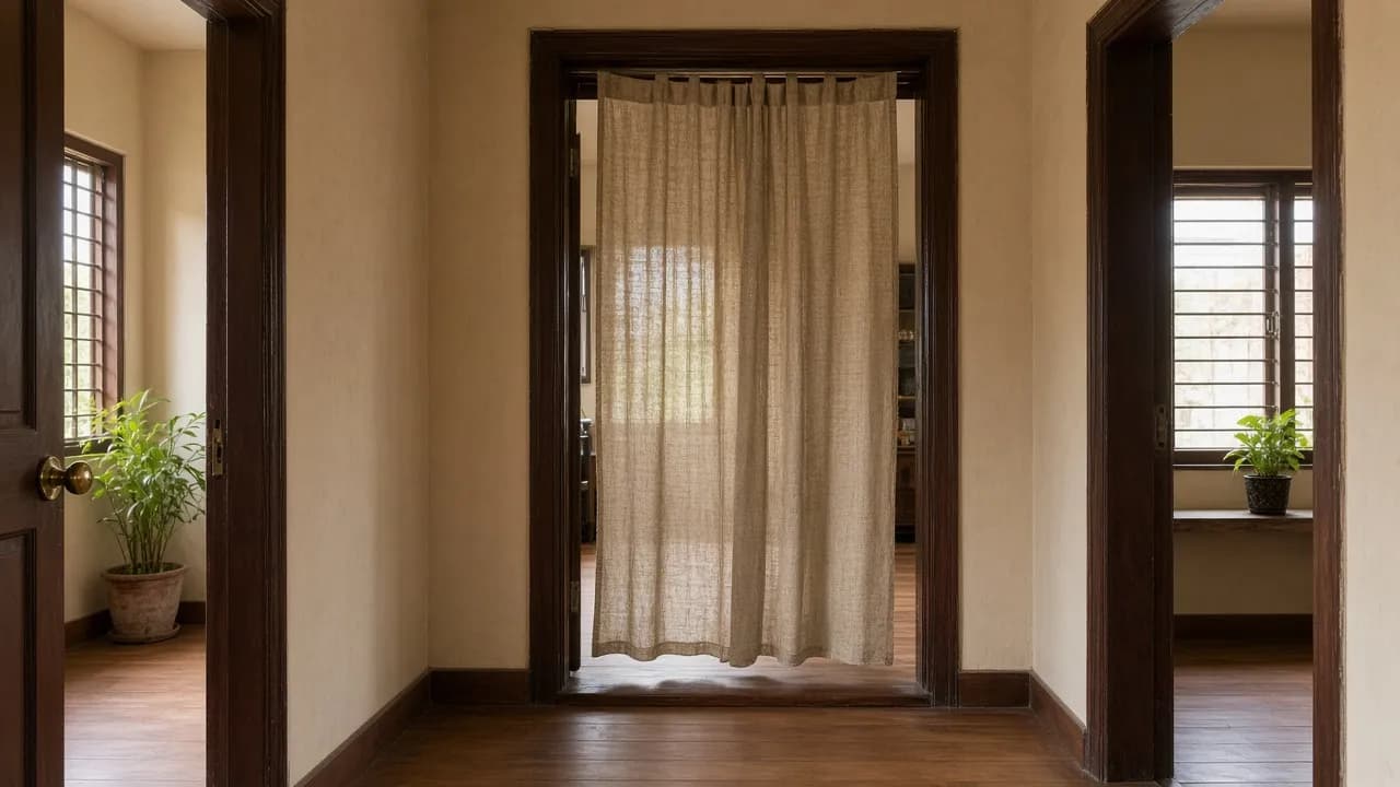 A Hello Sun linen curtain hanging across an interior doorway