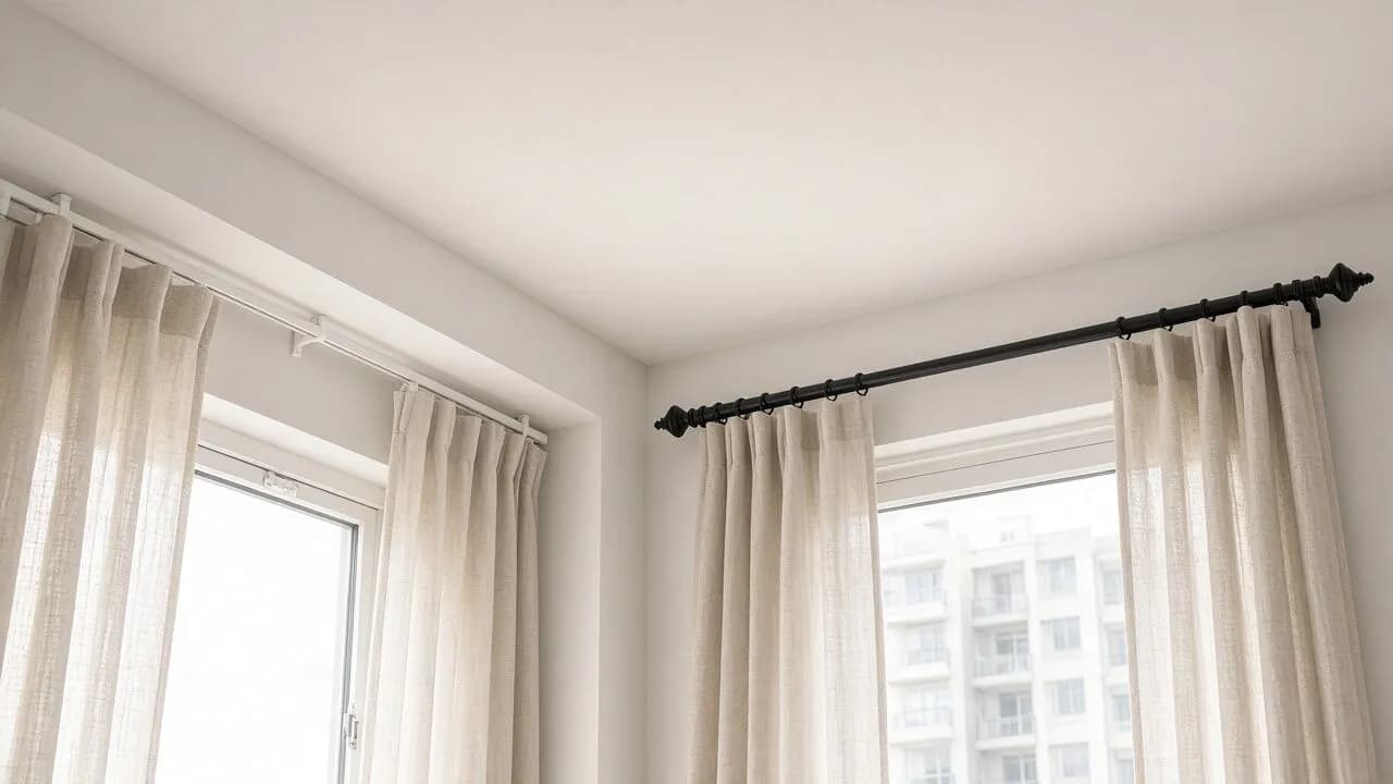 Hello Sun ceiling: mounted curtain track and a metal curtain rod above a window with linen curtains