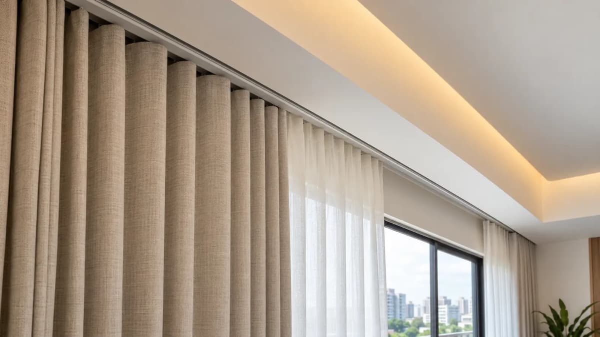 Recessed curtain track fitted inside a gypsum false-ceiling pocket.