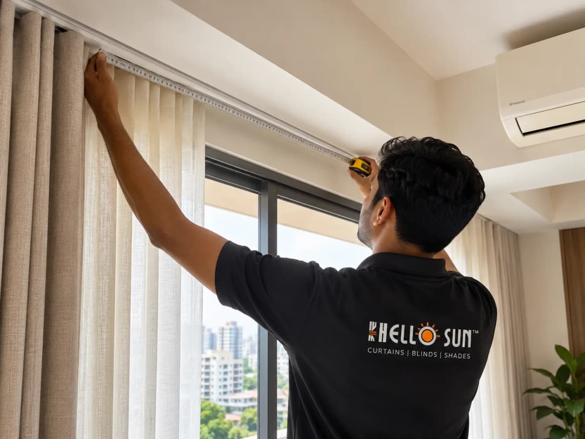 Illustration of a curtain technician measuring a ceiling track above an apartment window