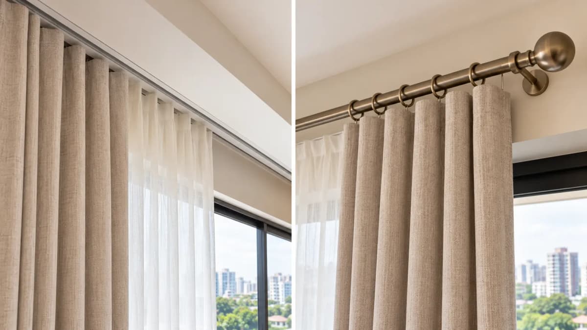 Ceiling-mounted curtain track compared with a decorative curtain rod.
