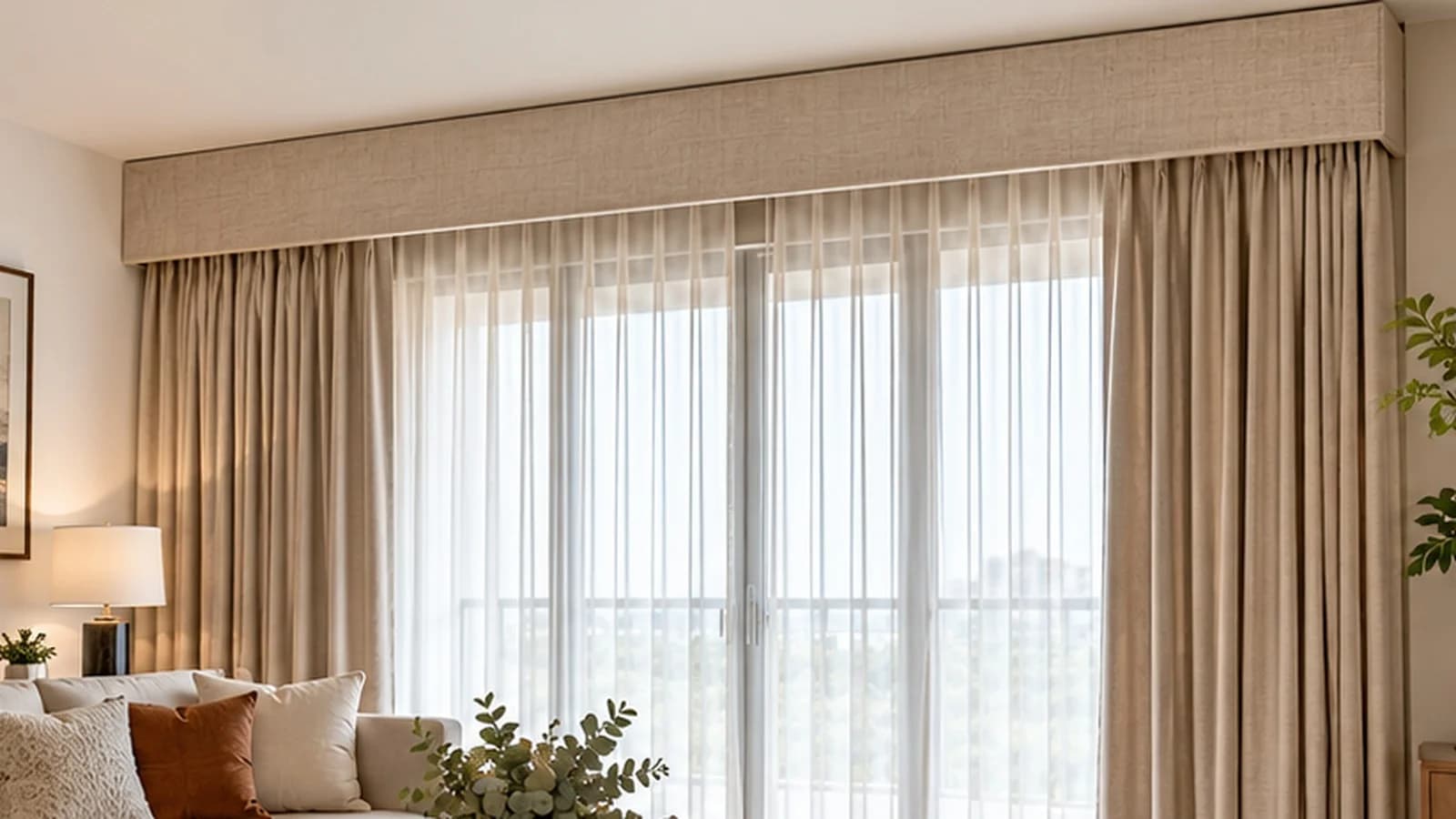 Fabric: covered curtain pelmet above layered sheer and beige curtains in a modern living room.