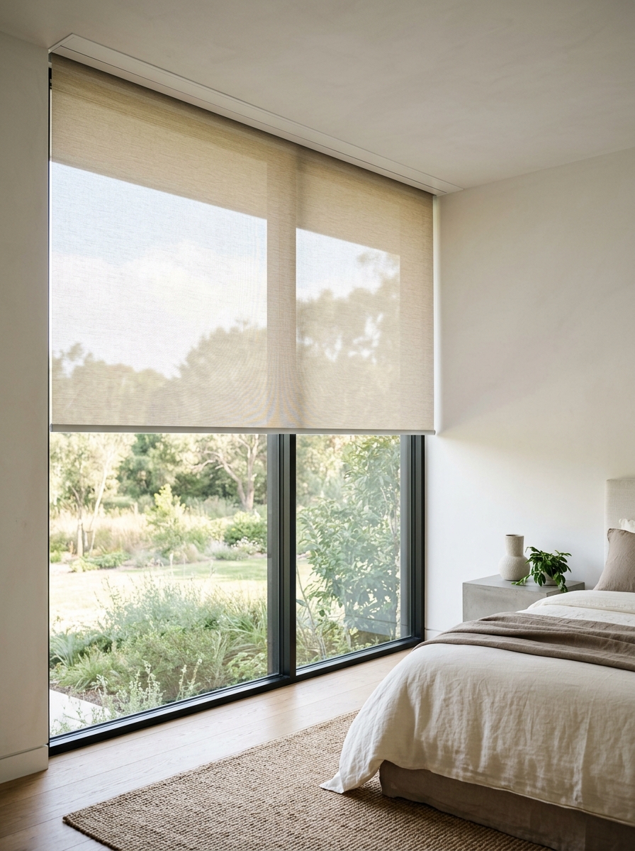 Light-filtering roller blind on a tall window