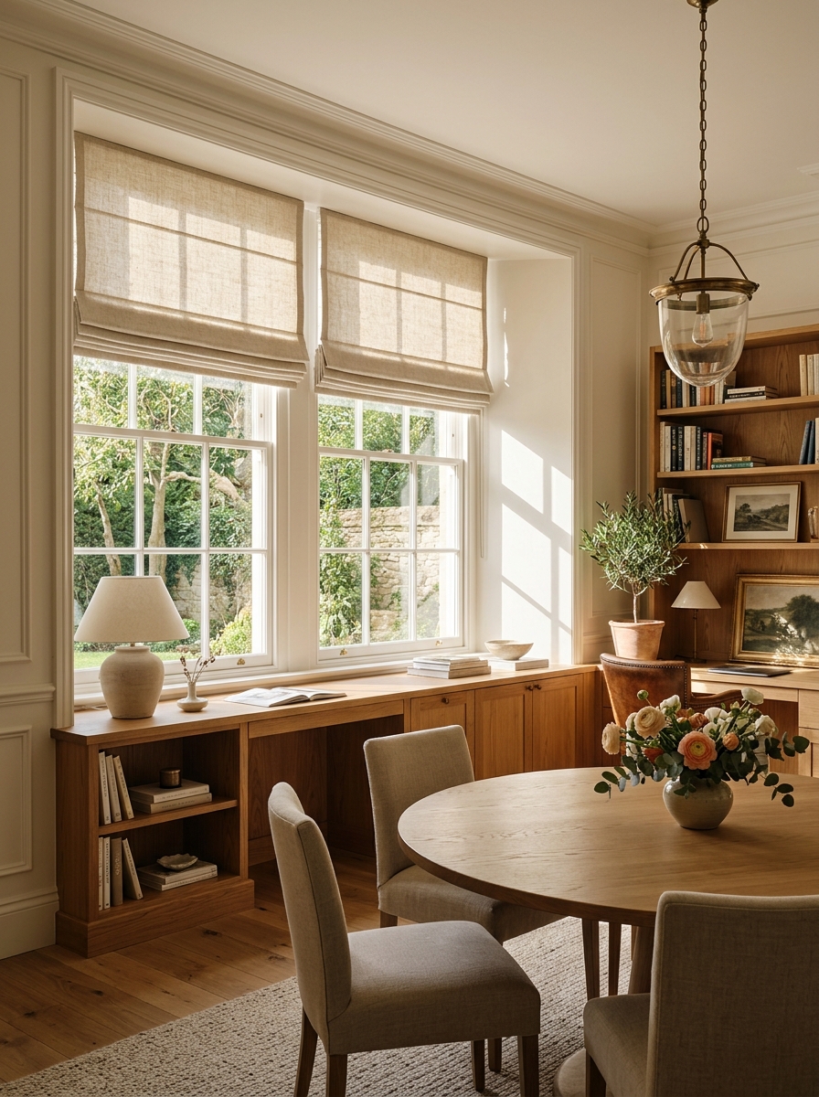 Minimalist custom Roman shades fitted flush in a study window reveal