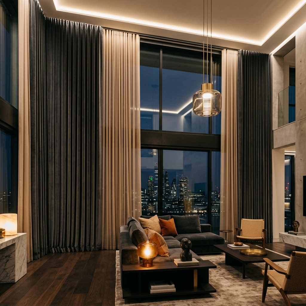 Architectural floor-to-ceiling sheer linen curtains