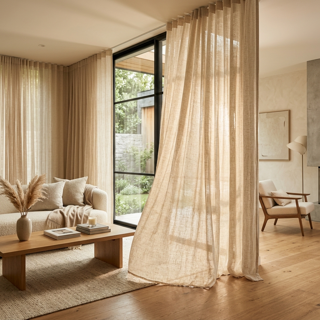 Continuous floor-to-ceiling sheer curtains in a modern double-height living room