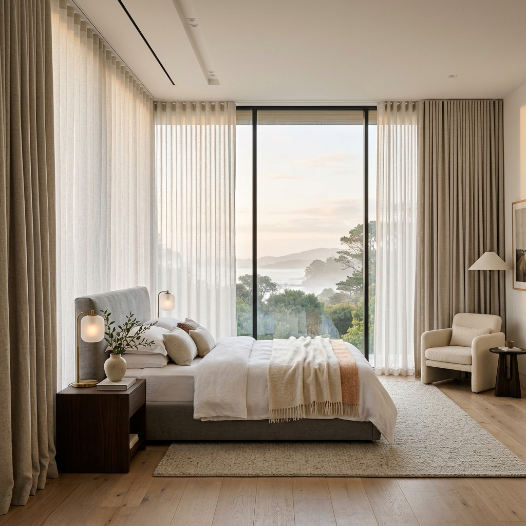 Tailored luxury blackout curtains in a master bedroom sanctuary